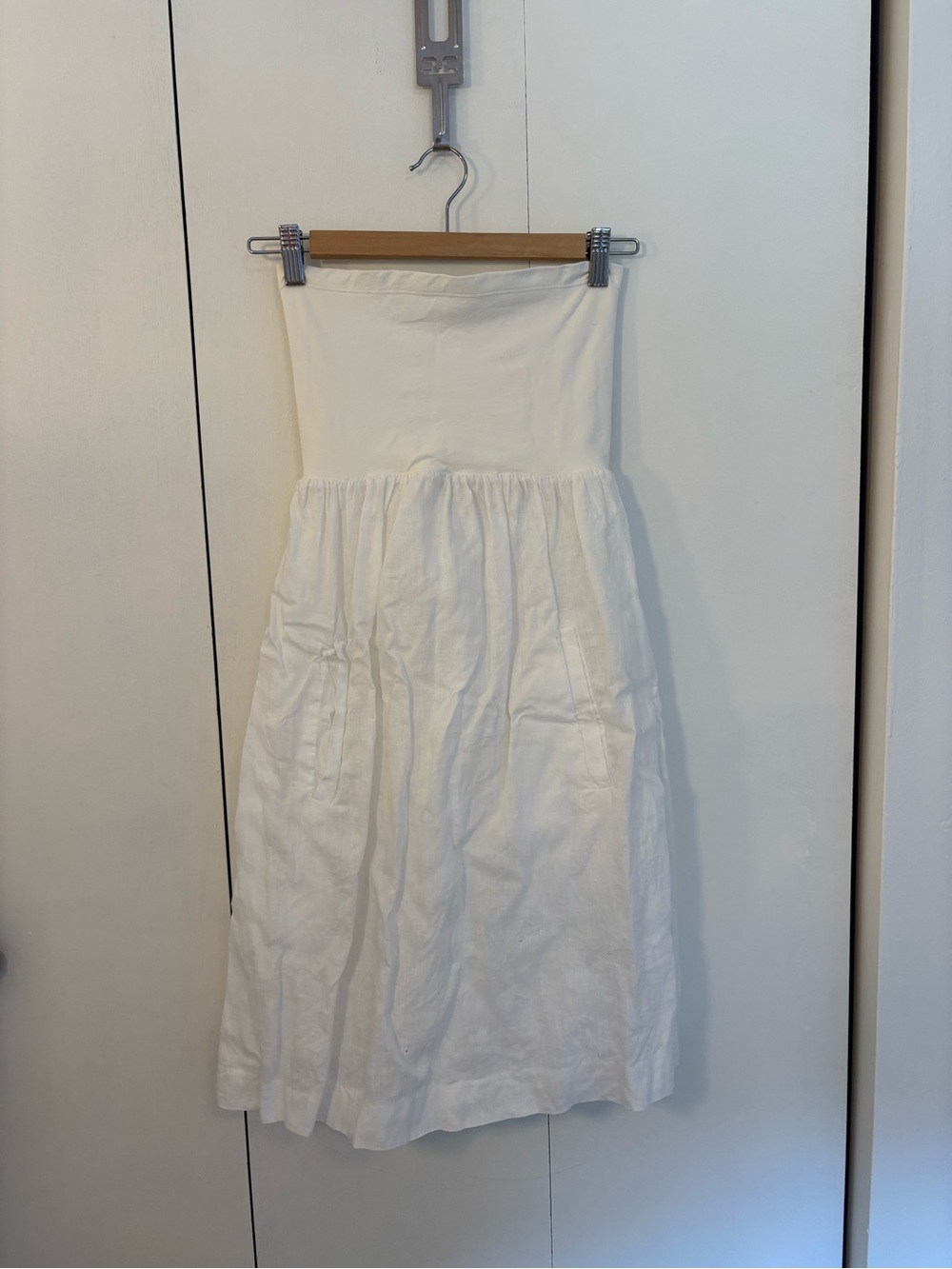 Theory Cream Strapless Mini Dress with Gathered Waist